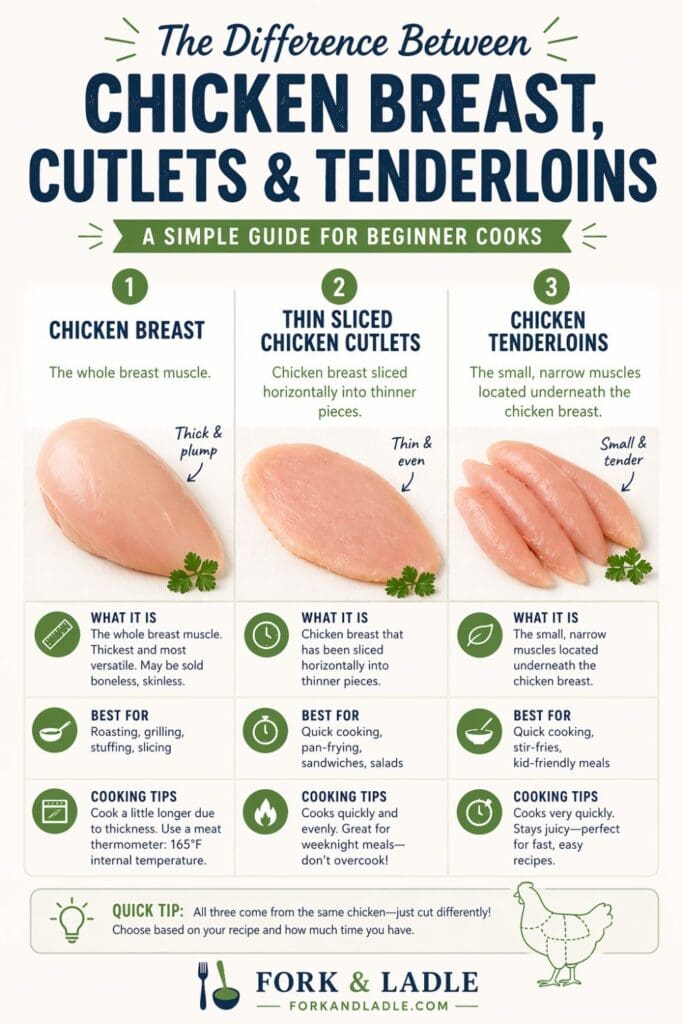 Diagram showing the difference between chicken breast, chicken cutlets, and chicken tenderloins