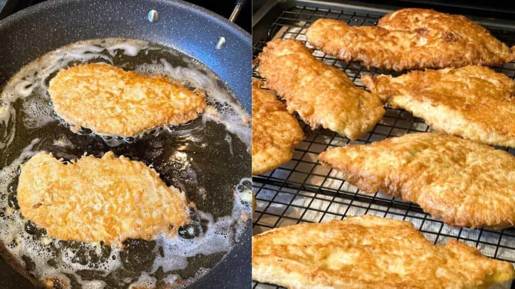 Split picture with one side showing Chicken Francese frying in a pan and the other showing the cooked chicken on a wire rack before it is added to the sauce