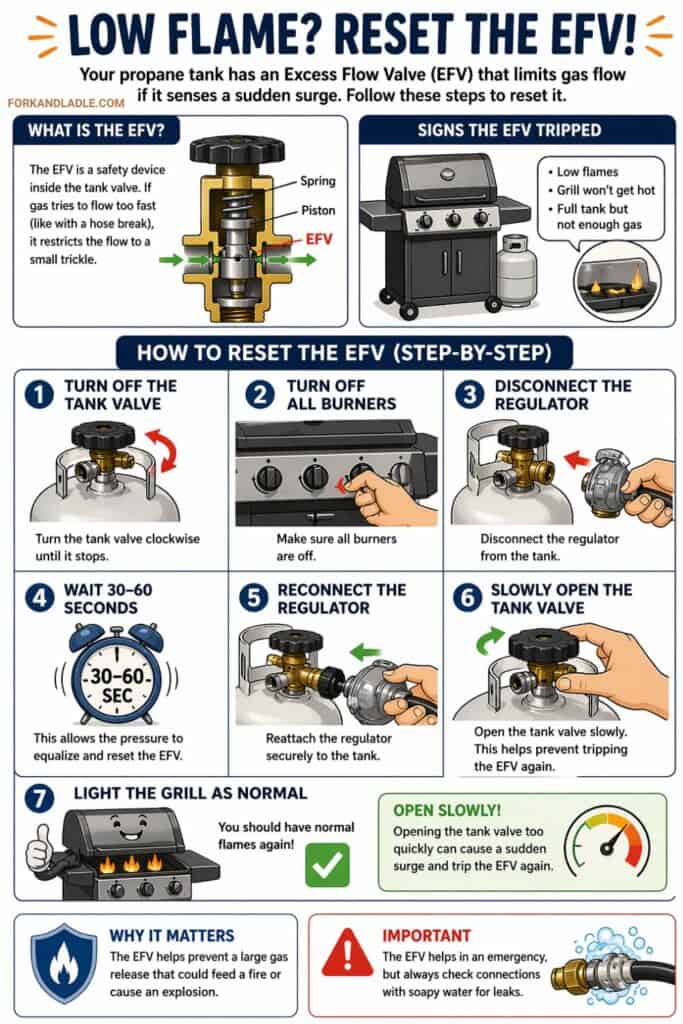 Diagram showing how to fix a low flame on a gas grill by resetting the excess flow valve