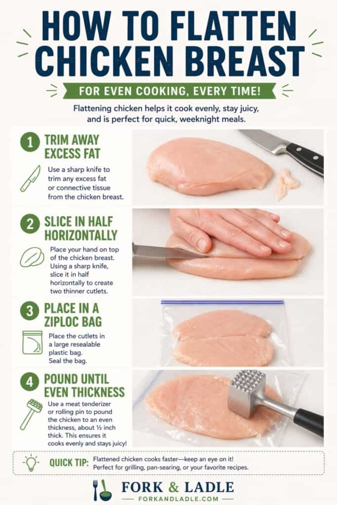 Diagram showing how to flatten chicken breast steo by step