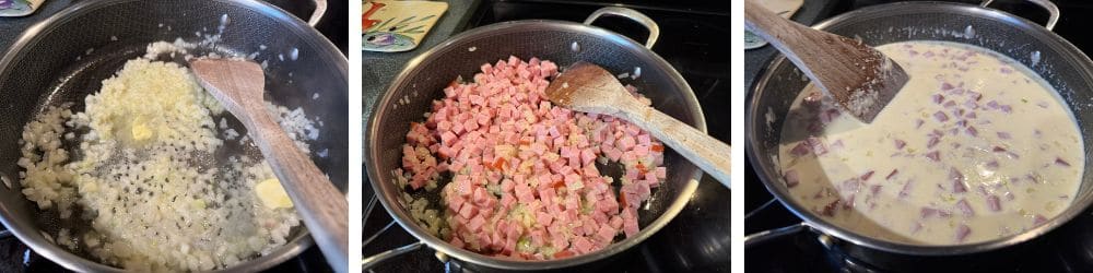 Three images showing the progress of me making my creamy ham and pasta