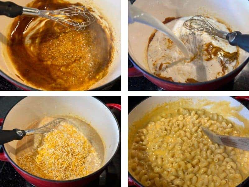 Step by step pictures demonstrating how to make stovetop mac and cheese