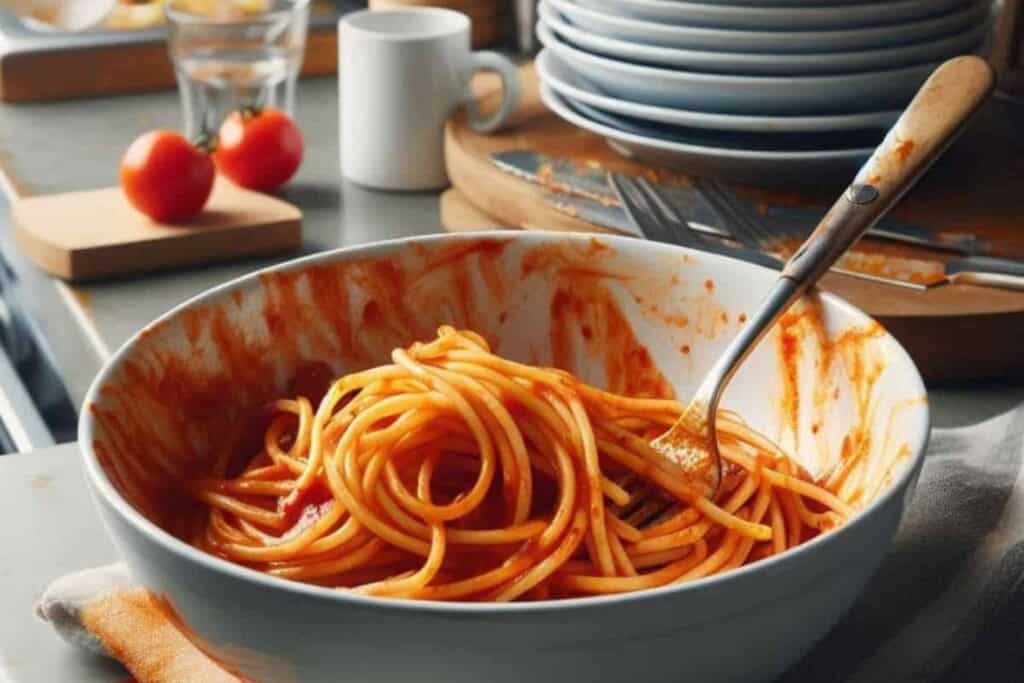 Bowl of pasta left out overnight with dirty dishes on the counter