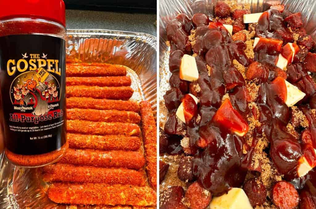 Side by side pics demonstrating how to make hot dog burnt ends