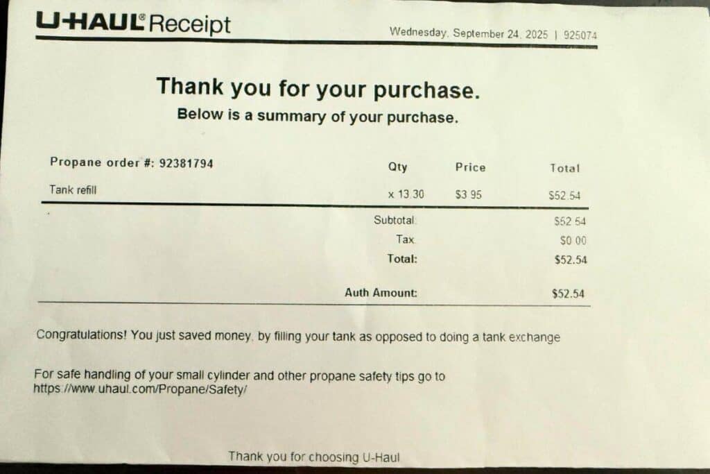 Receipt showing cost of propane refill