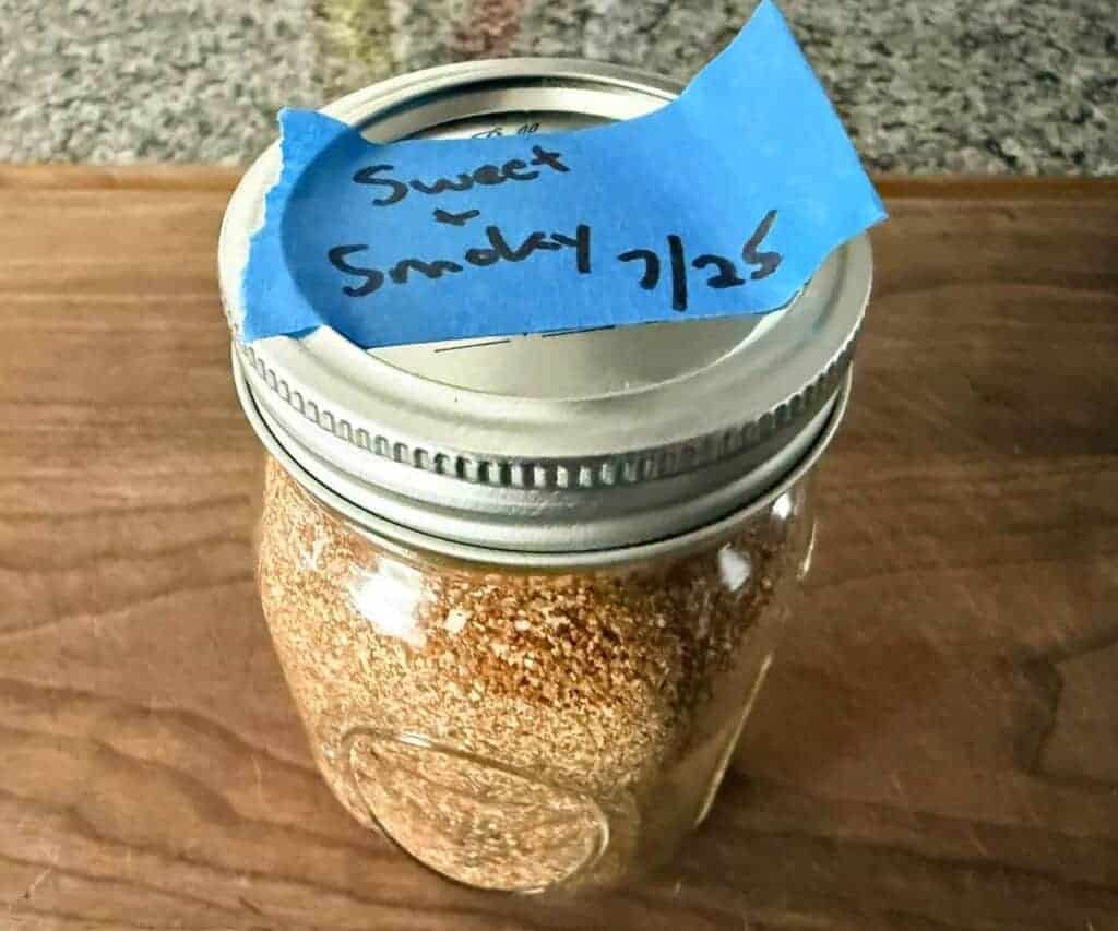 A labeled jar of my sweet and smoky dry rub