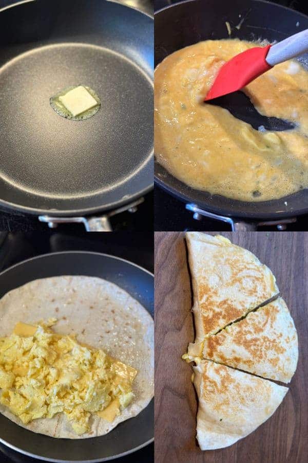Four images showing the step by step process of making breakfast quesadillas