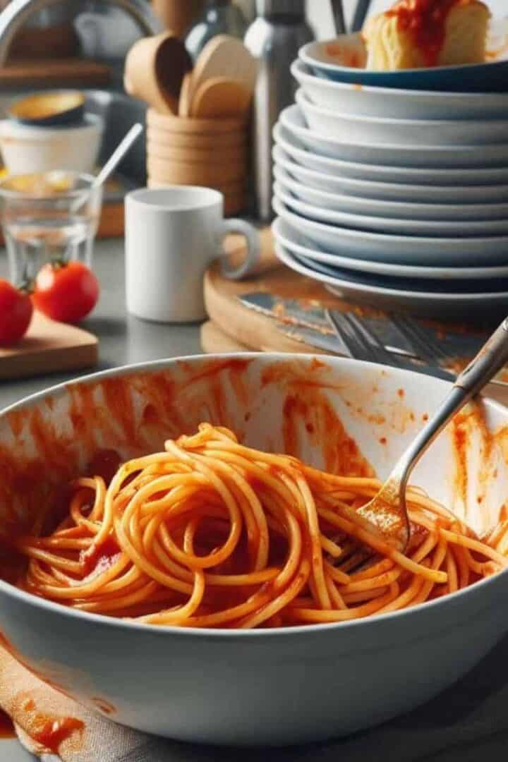 A bowl of leftover spaghetti on counter with a bunch of dirty dishes