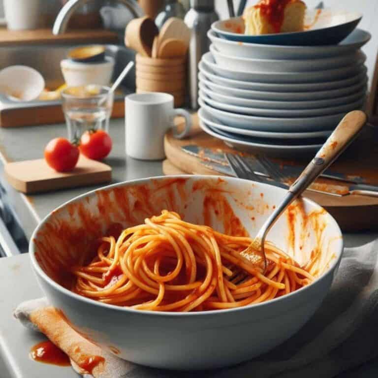 A bowl of leftover spaghetti on counter with a bunch of dirty dishes