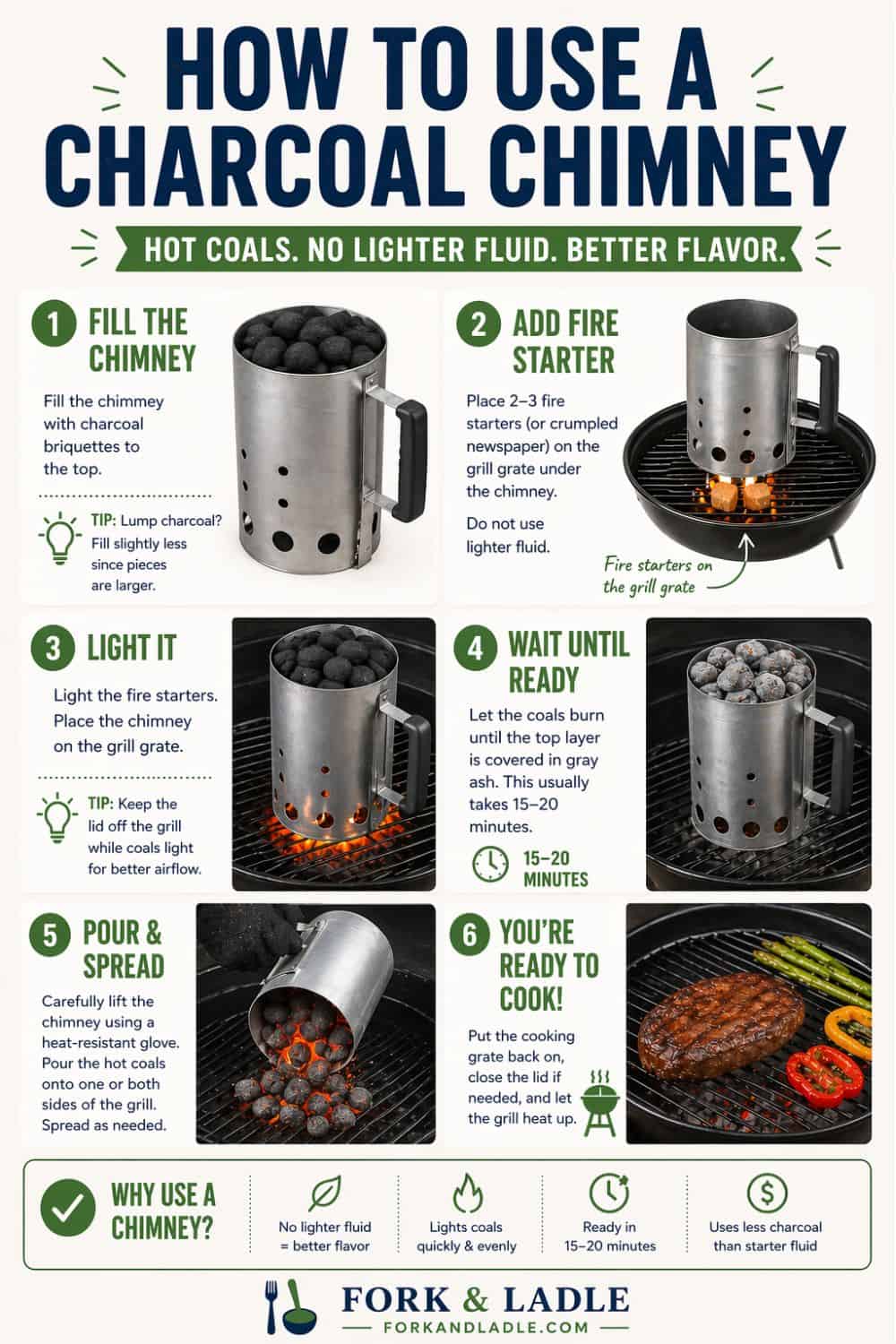 Inforgraphic demonstrating how to use a chimney charcoal step by step