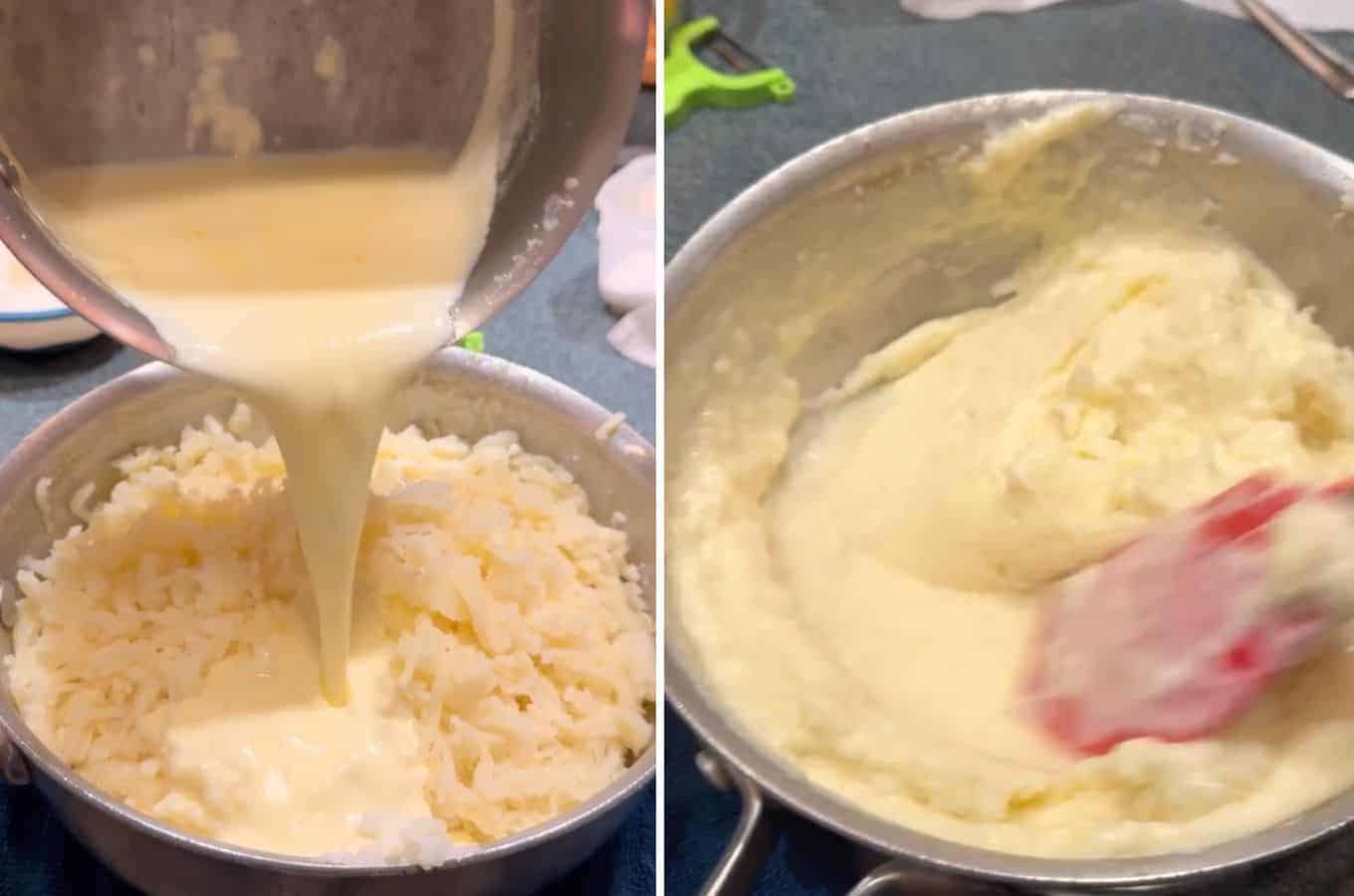Side by side photos, left shows garlic cream being poured into pot of riced potatoes. Right shows them being gently mixed with a silicon spatula