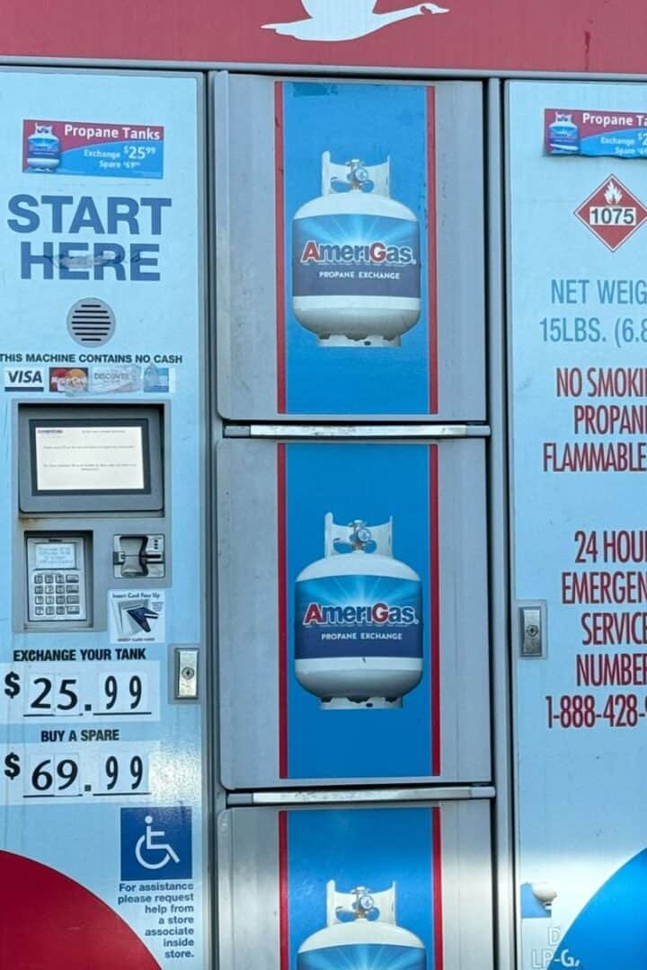 An automated propane exchange station showing a price of $25.99