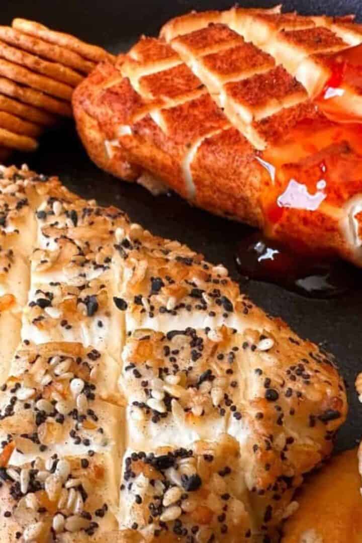 Smoked cream cheese two ways, one with everything bagel seasoning and the other with BBQ rub and sweet chili sauce