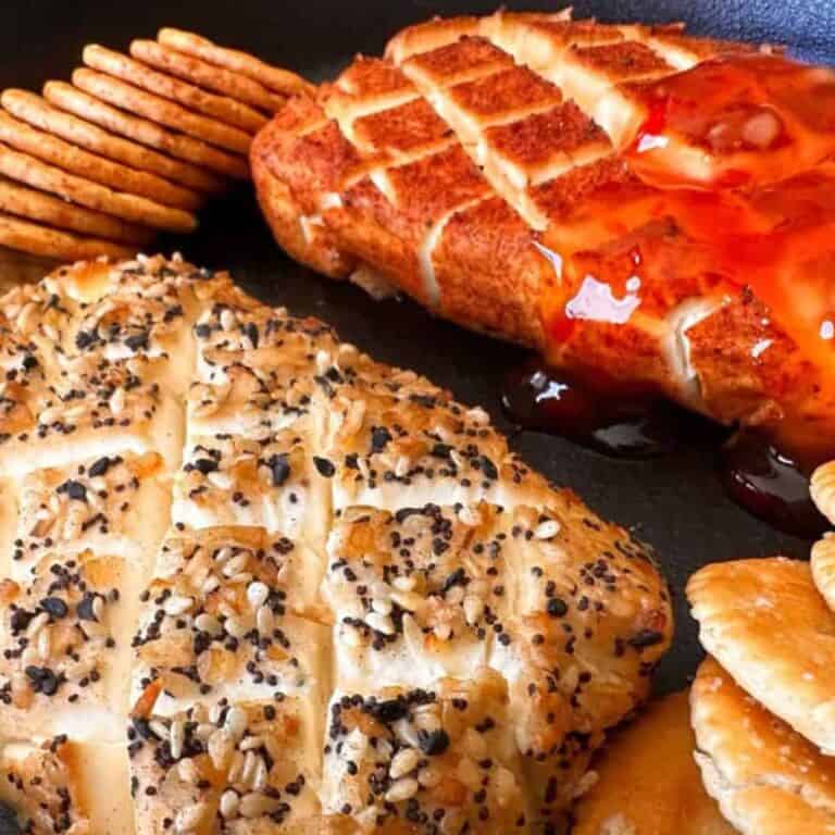 Smoked cream cheese two ways, one with everything bagel seasoning and the other with BBQ rub and sweet chili sauce