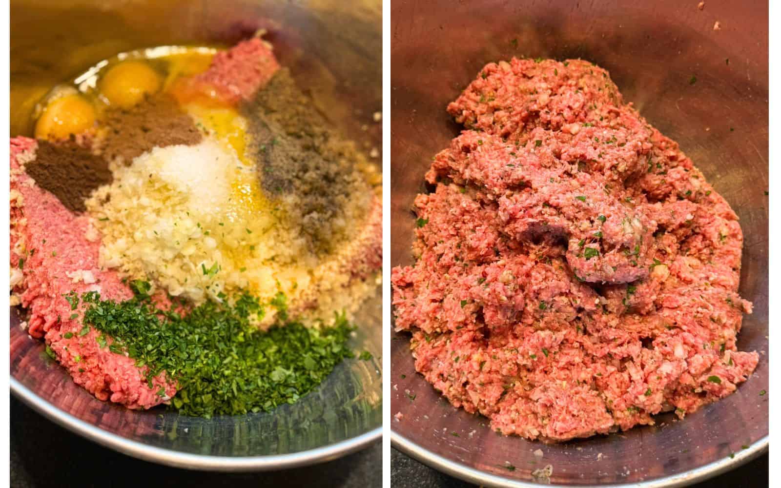 Side by side pics, the left shows Swedish meatball ingredients in a mixing bowl and on the right the same ingredients all mixed up