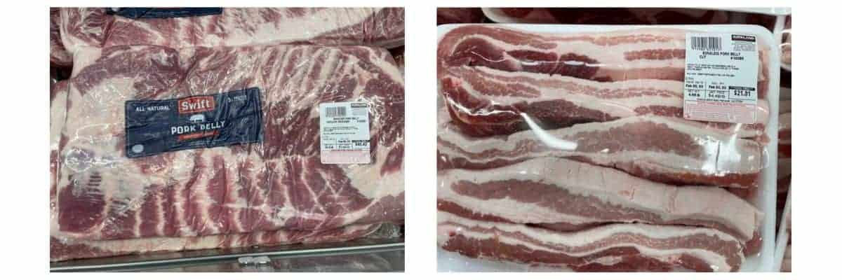 Pork belly at Costco in slab form and pre-sliced