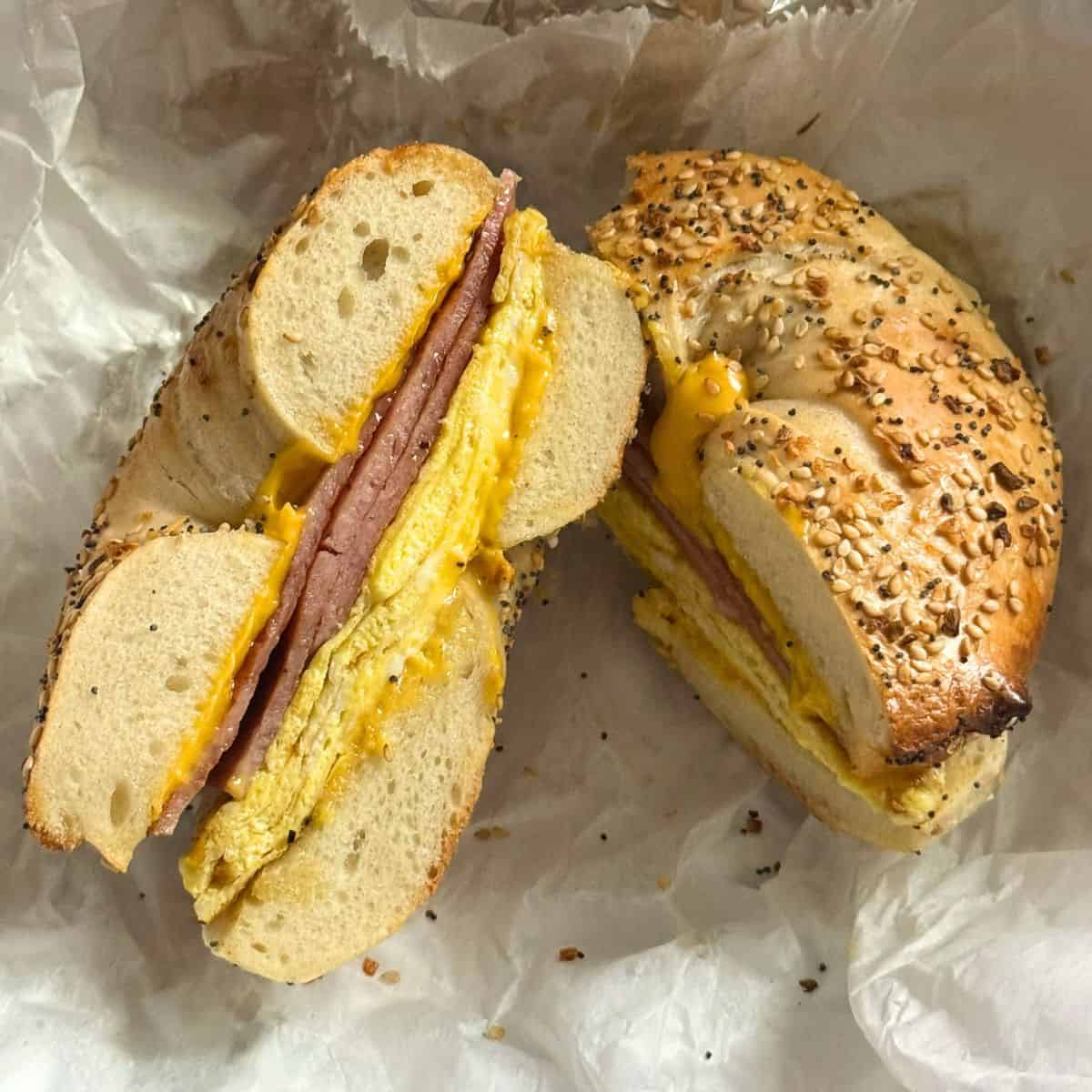 Taylor Ham, egg, and cheese on an everything bagel