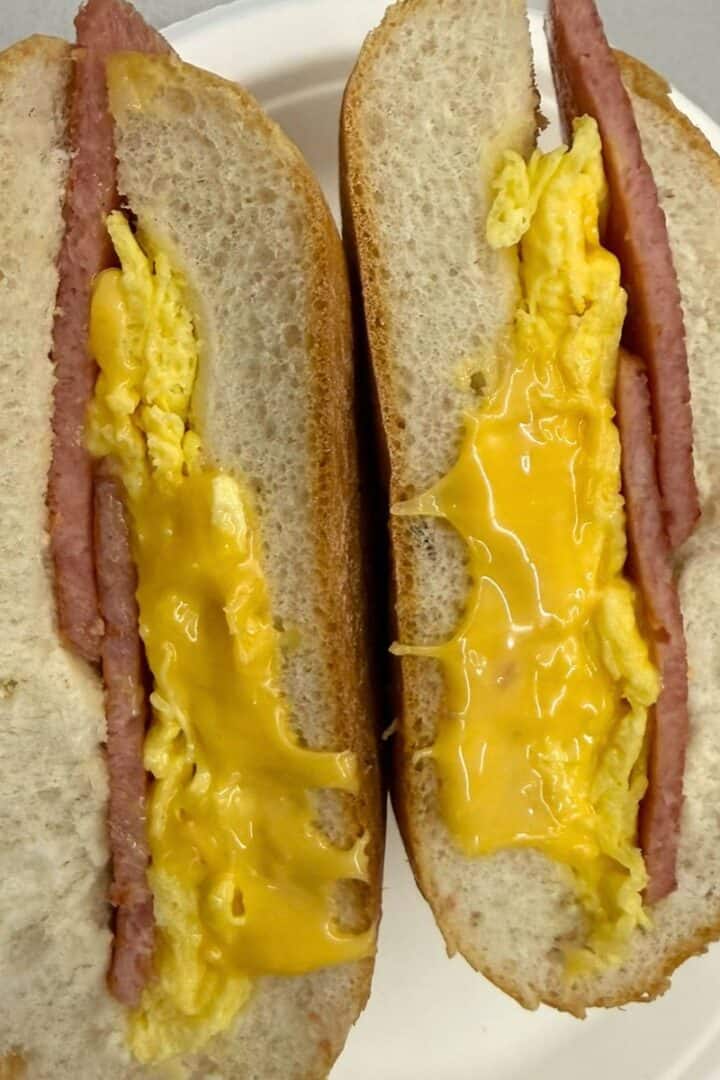 A Taylor ham, egg, and cheese breakfast sandwich
