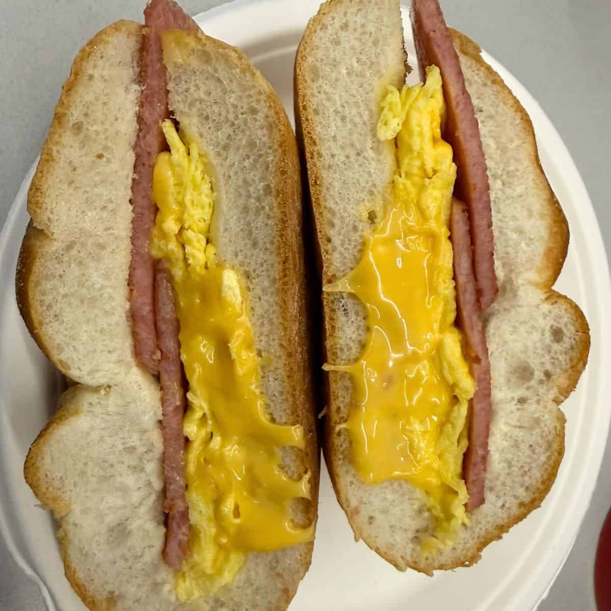 A Taylor ham, egg, and cheese breakfast sandwich