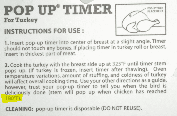 Screenshot of a product description for a turkey pop-up timer indicating it will activate at 180 F.