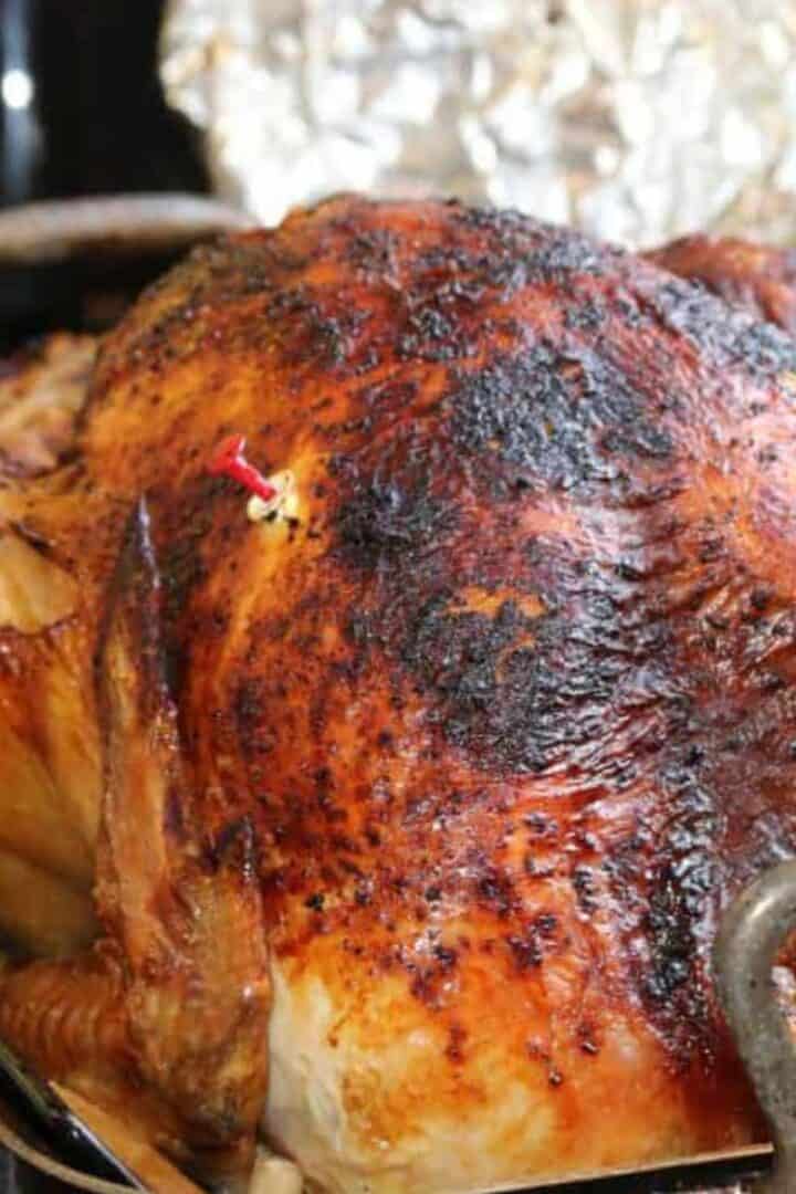 A cooked turkey with the pop up timer popped.