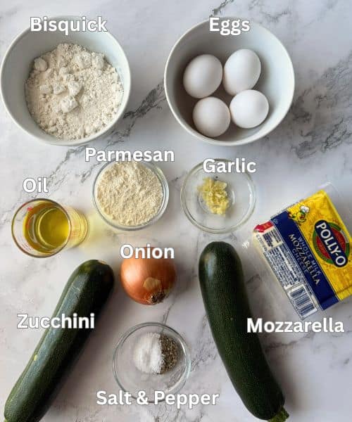All the ingredients for zuccchini pie made with bisquick with ingredients labeld