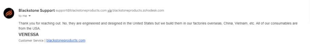 Screenshot of an email from Blackstone Support confirming their griddles are built in China and Vietnam.