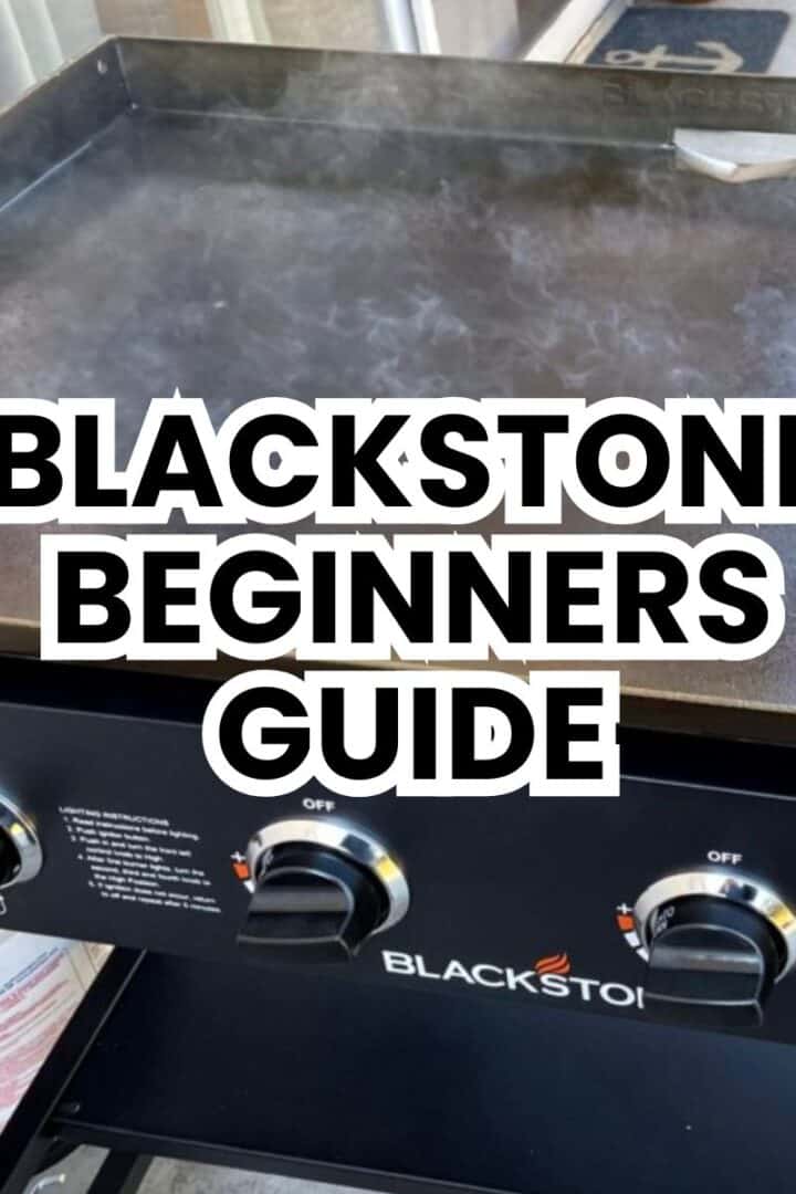 A Blackstone griddle smoking as it is heating up with the tagline "Blackstone Beginner Guide"