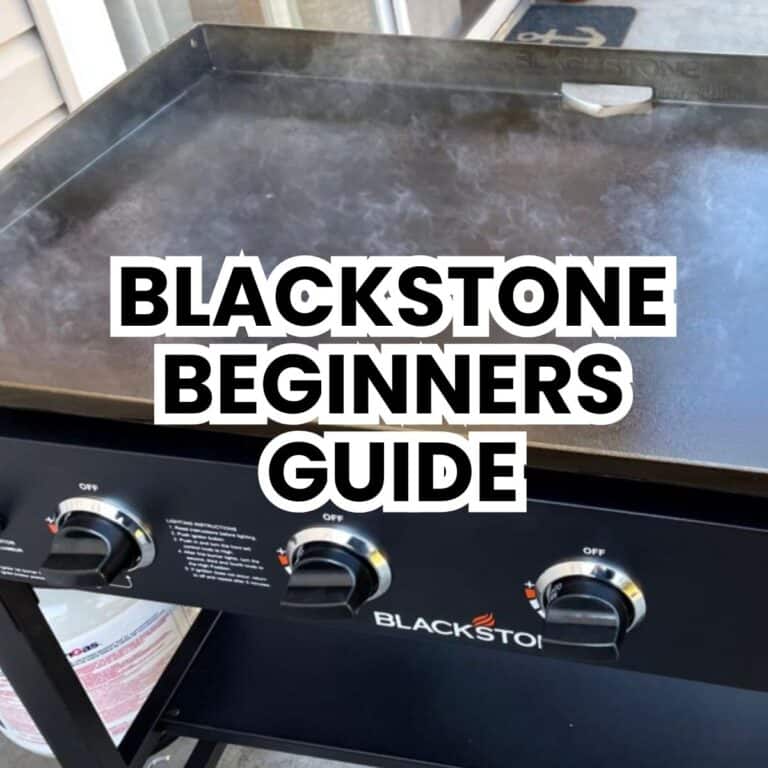 A Blackstone griddle smoking as it is heating up with the tagline "Blackstone Beginner Guide"