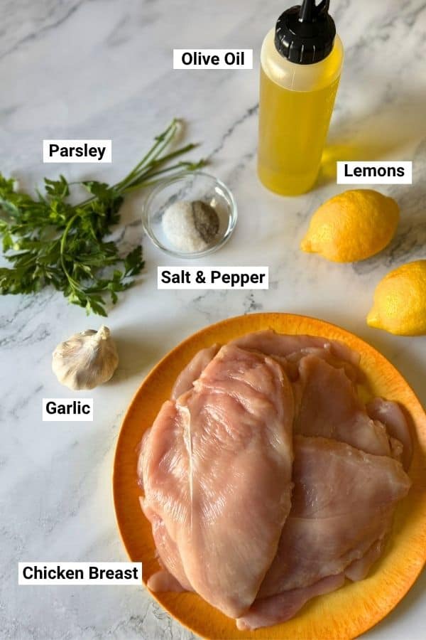 Labeled ingredients for my marinated grilled chicken breast recipe