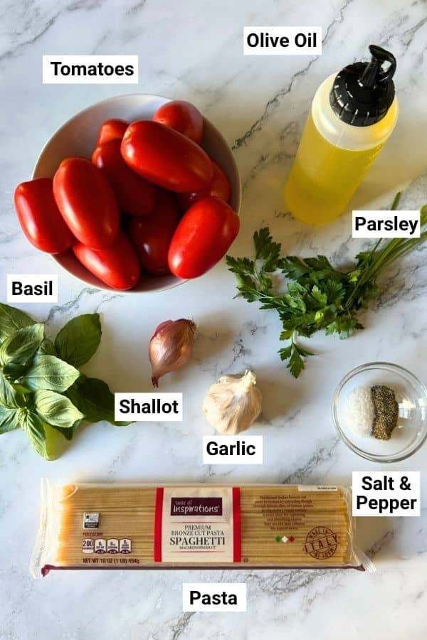 Labeled ingredients for my fresh no-cook tomato sauce