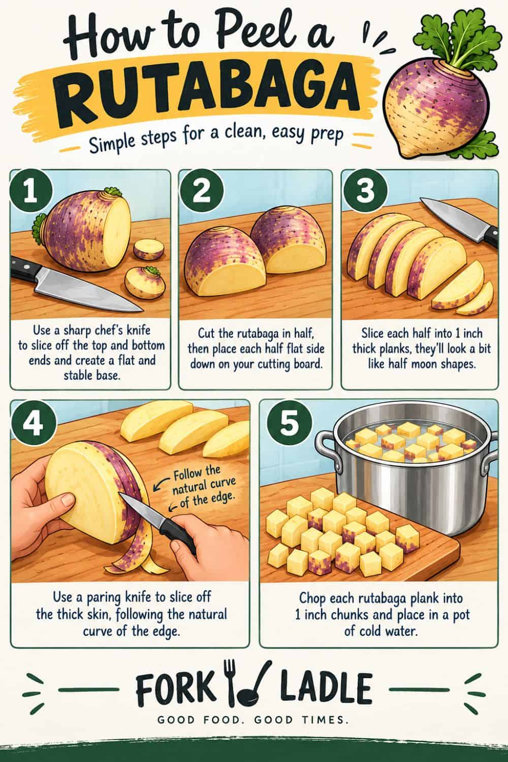 Infographic explaining how to peel a rutabaga